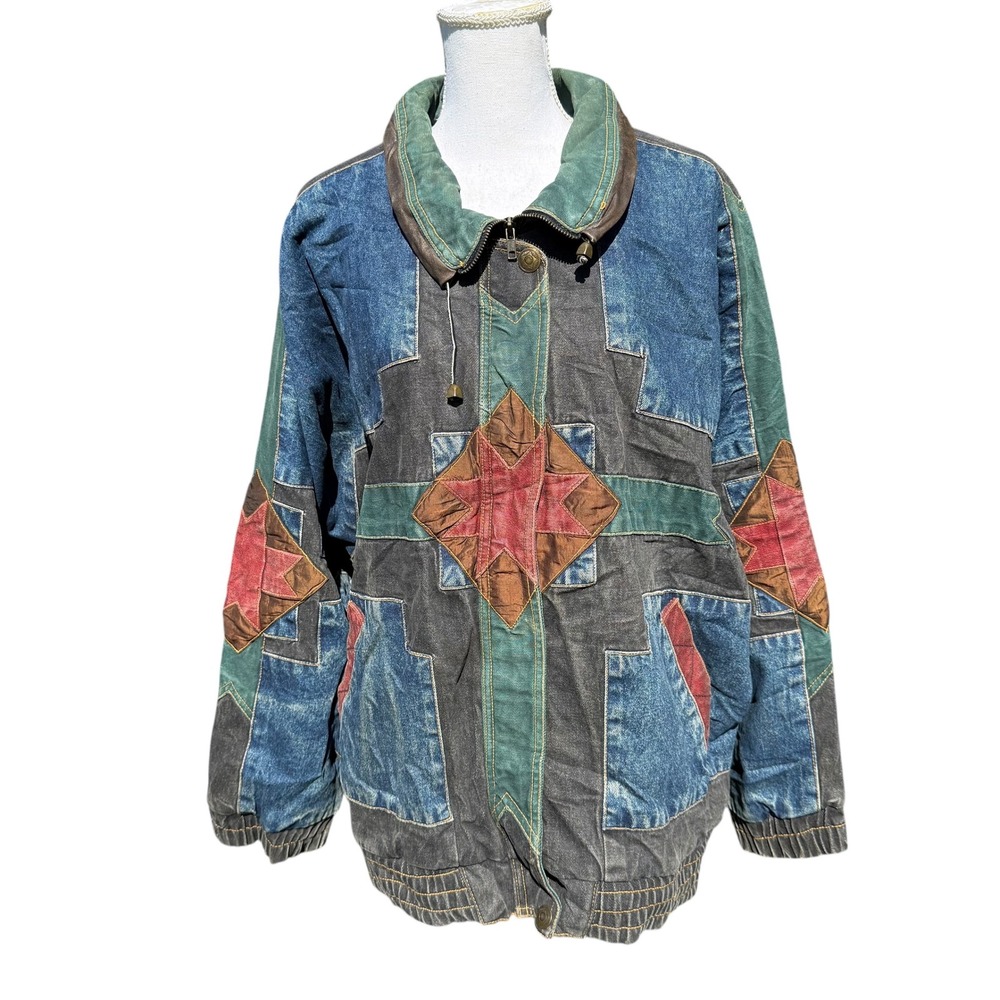 Vintage Concept II Denim‎ Patchwork Bomber Jacket Southwestern Geometric Mens L - Picture 3 of 11